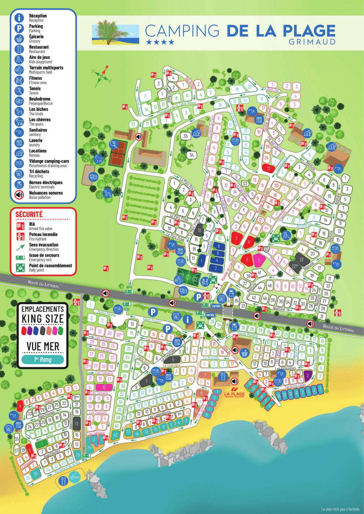 Plan officiel 2026 du Camping de la Plage, avec emplacements, services et accès